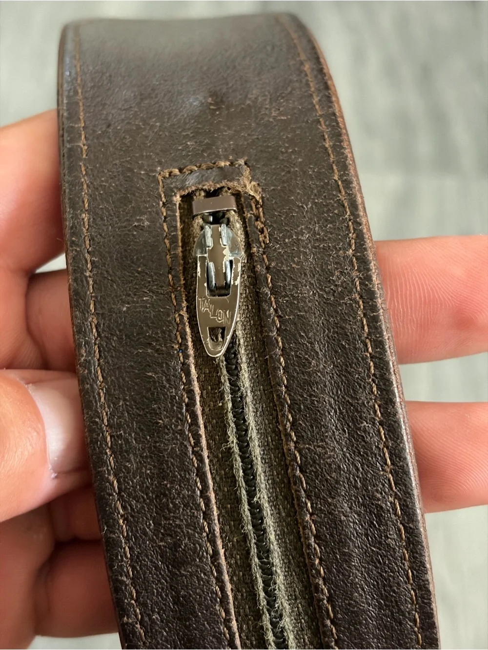 True Vintage 1950 Brown Leather Belt Brass Buckle Hidden Talon Zipper Sz 30-32